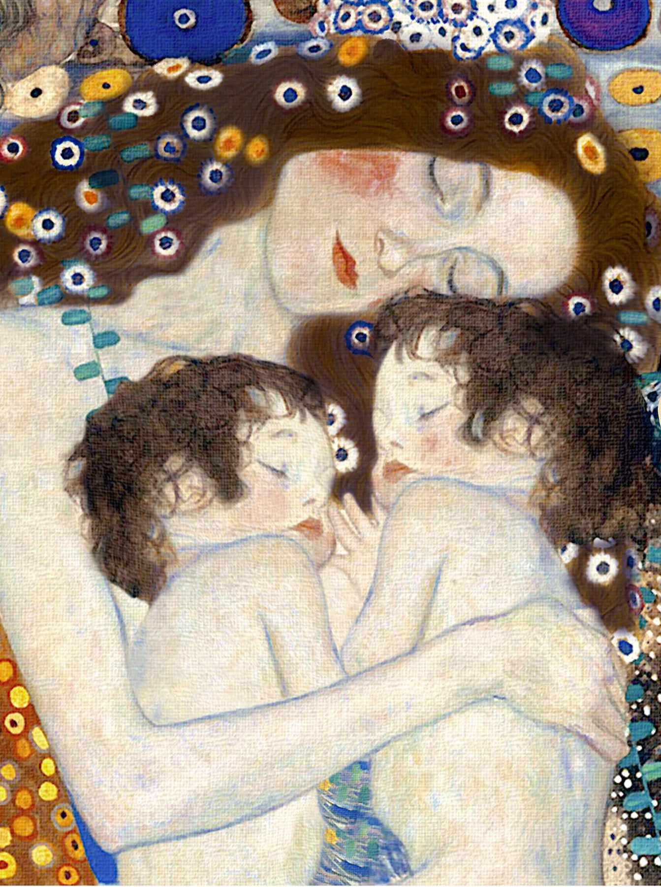 Reproduction du tableau « 👩👧👦 Mère et enfants – Version Light (Détail II de Les Trois Âges de la Femme) – Gustav Klimt (1905) » par Alpha Reproduction en peinture à l’huile