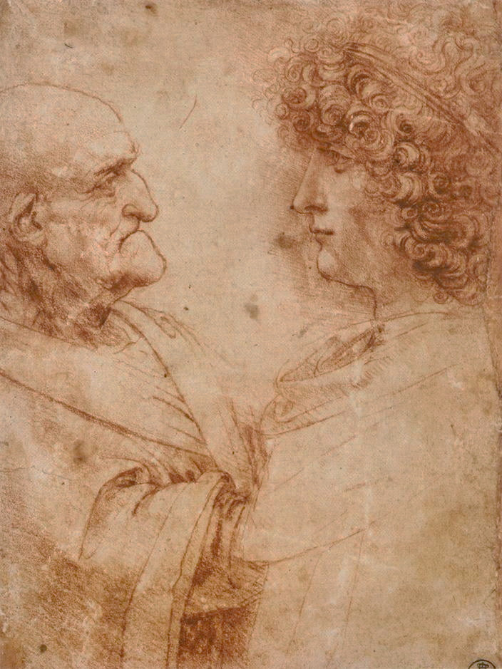 Deux profils dessinés par Léonard de Vinci, un vieillard et un jeune homme