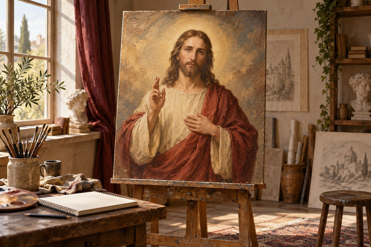 Illustration IA d’un Christ bénissant imaginaire sur un chevalet