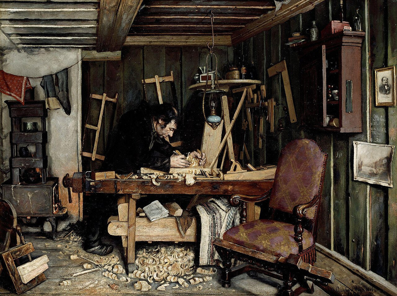 Atelier de menuisier, Gustav Wentzel, 1881, peinture à l’huile