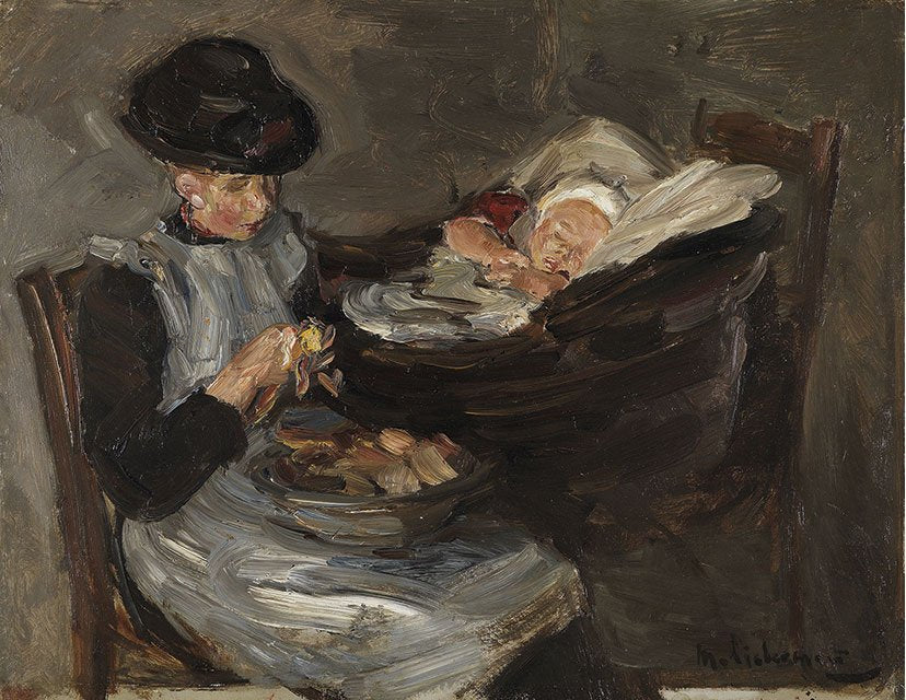 Larenin tyttö kuorimassa perunoita nukkuvan lapsen kanssa korissa - Max Liebermann