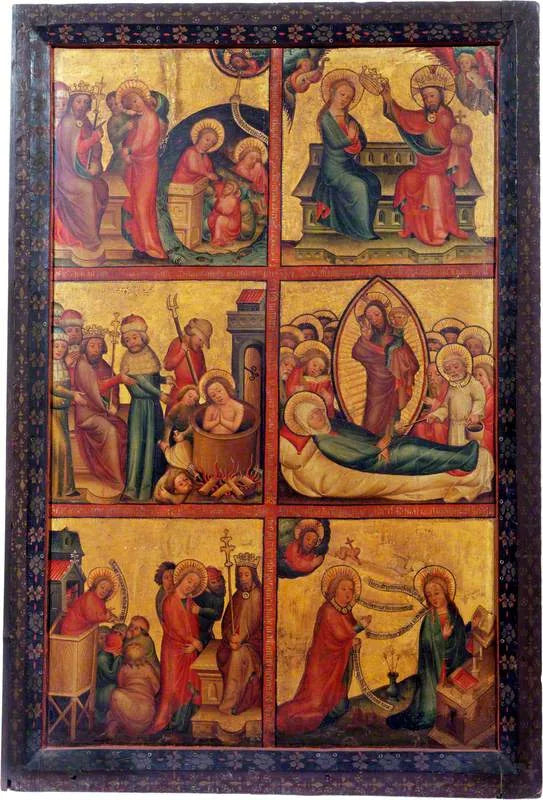 3 kohtauksen elämästä Pyhän Johanneksen Evankelista; 3 kohtauksen elämästä Neitsyt (triptyykki, vasen ulkokuori) - Mestari Bertram