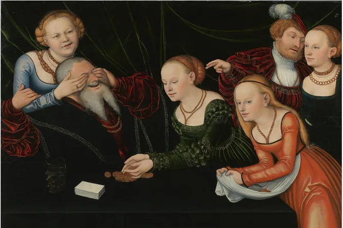 6 henkilöä, tyttöjä leikkimässä vanhan miehen kanssa - Lucas Cranach vanhempi