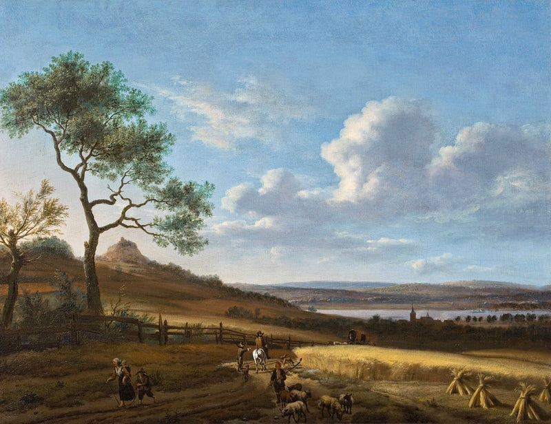 Paysage d'été panoramique avec un cavalier et une charrette postale - Adriaen van de Velde