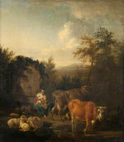 Une femme et un enfant, des vaches et des moutons près d'une fontaine - Adriaen van de Velde