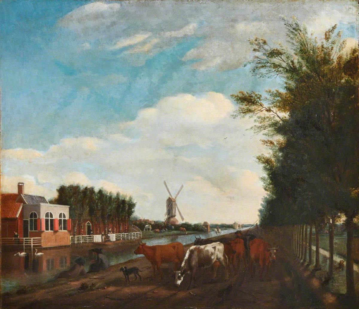 Des vaches au bord d'un canal avec deux pêcheurs - Adriaen van de Velde