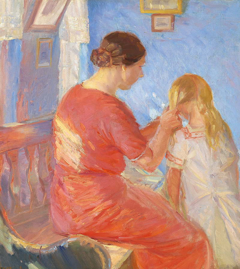 Äiti letittää lapsensa hiuksia. - Anna Ancher