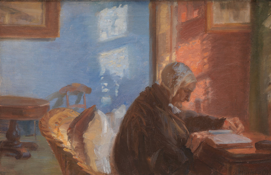 Taiteilija Ane Hedvig Bründumin äiti punaisessa huoneessa - Anna Ancher