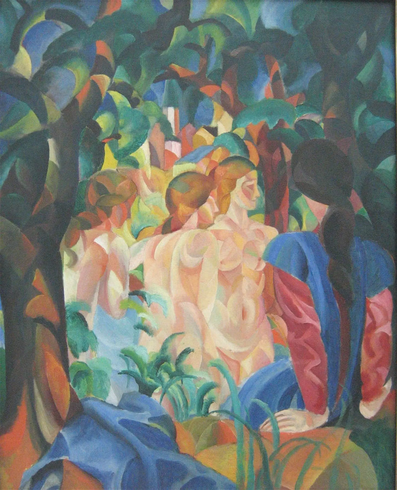Tytöt uivat kaupungin taustalla - August Macke