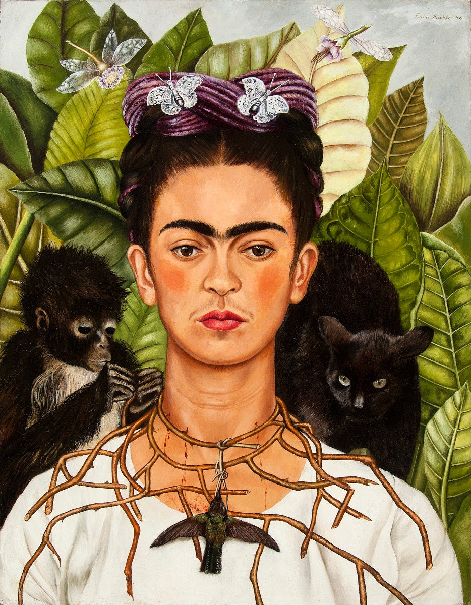 Omakuva piikkikaulakorun ja kolibrin kanssa – Frida Kahlo (1940)