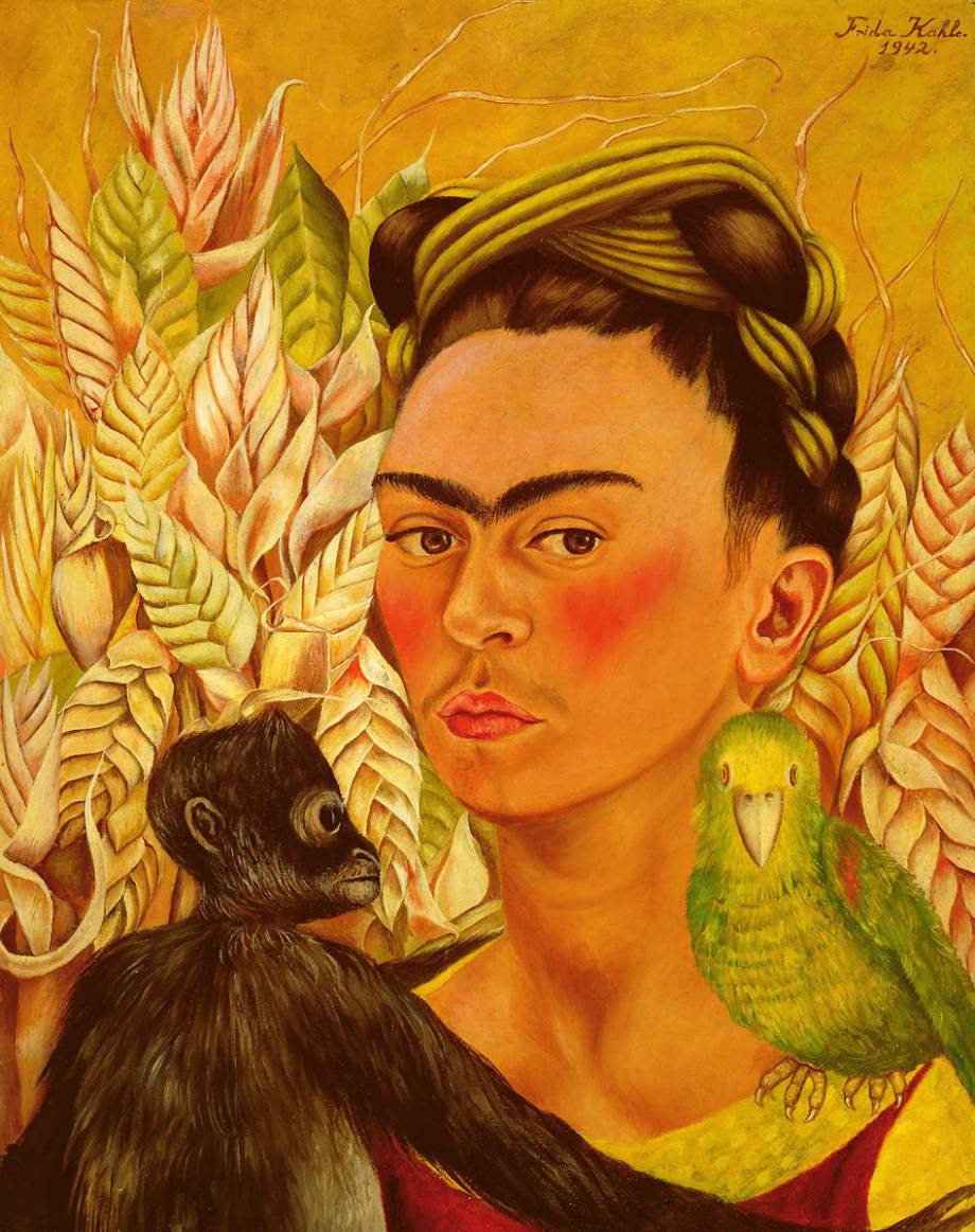 Omakuva apinan ja papukaijan kanssa – Frida Kahlo (1942)