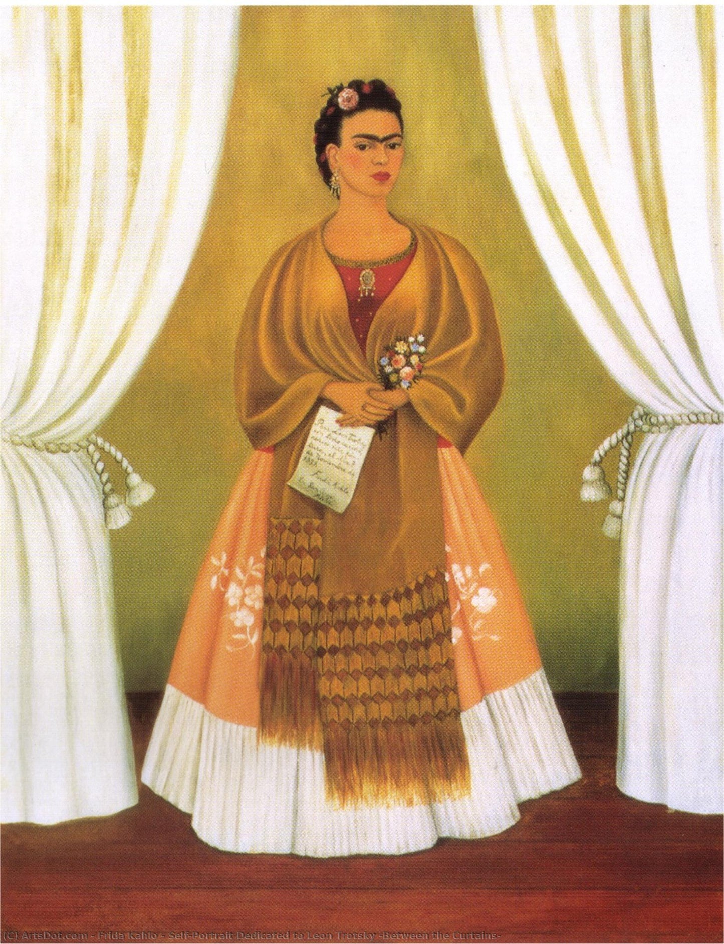 Omakuva omistettu Léon Trotskille (Verhojen välissä) – Frida Kahlo (1937)