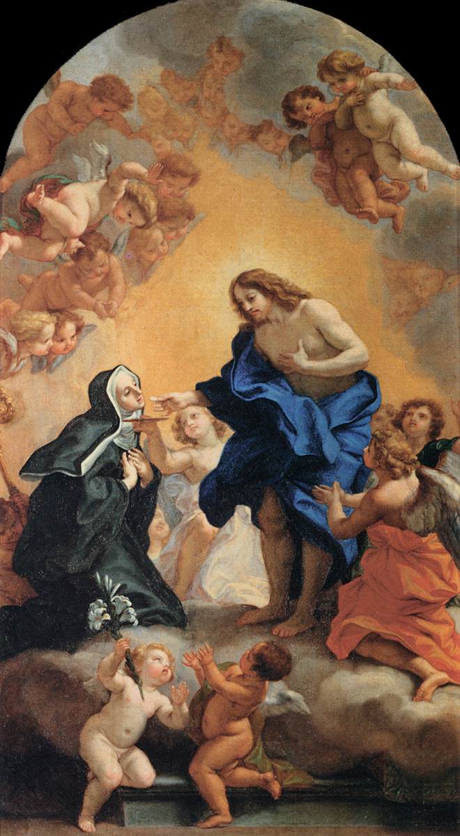 Une bienheureuse abbesse recevant la communion des mains du Christ - Giovanni Battista Gaulli