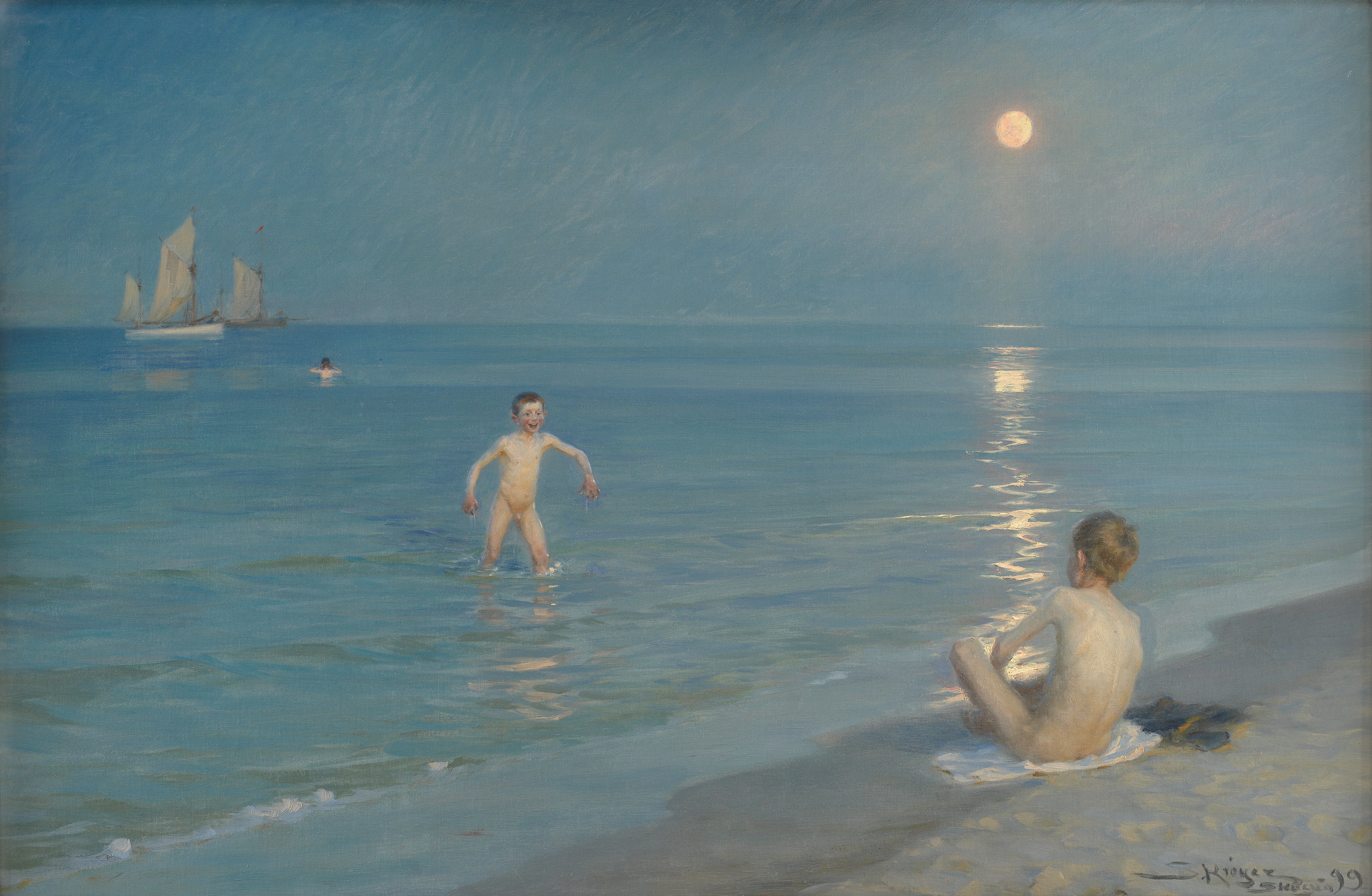 Poikia uiskentelemassa Skagenissa. Kesäilta - Peder Severin Krøyer
