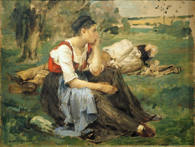 Femme assise dans l'herbe près d'un homme endormi - Jules Bastien-Lepage