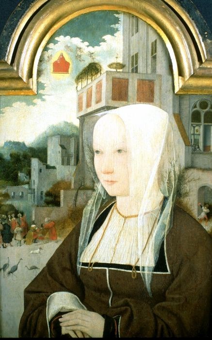 Portrait d'une dame, avec la Sibylle de Tibur annonçant la venue du Christ à l'empereur Auguste - Jan Mostaert