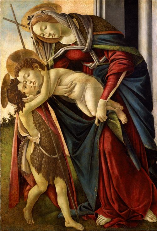 Neitsyt Maria lapsi Jeesus sylissään ja pieni pyhä Johannes Kastaja - Sandro Botticelli