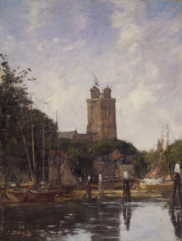 Reproduction du tableau « Dordrecht, la Grote Kerk depuis le canal - Eugène Boudin » par Alpha Reproduction en peinture à l’huile