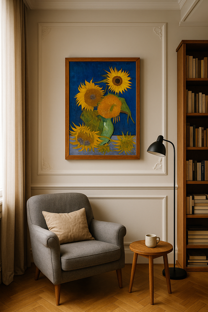 🌻 Auringonkukat (kuninkaansininen tausta) – Vincent van Gogh (1888)
