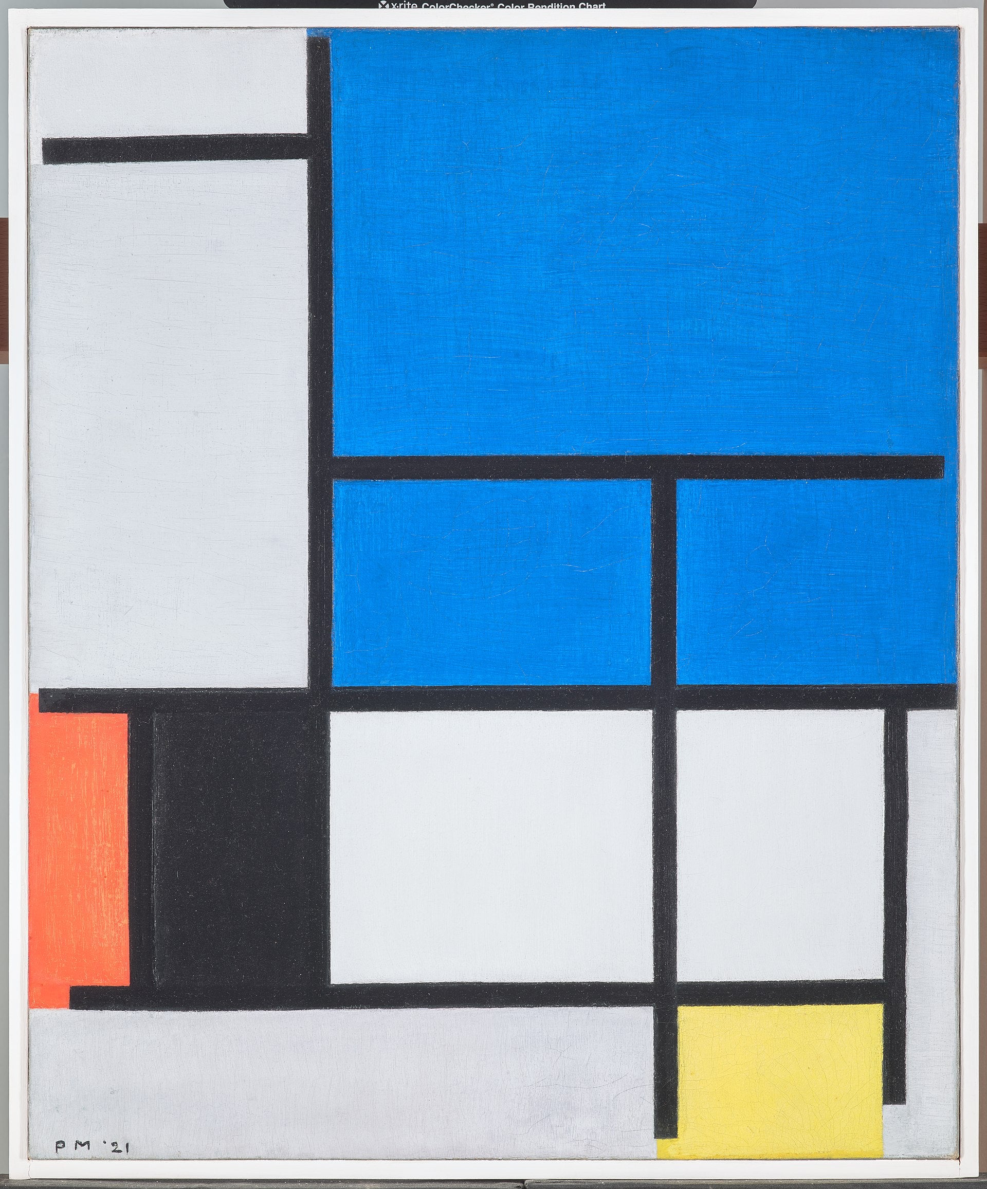 Koostumus suuresta sinisestä, punaisesta, mustasta, keltaisesta ja harmaasta lentokoneesta - Piet Mondrian