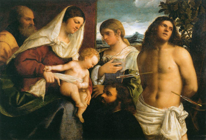 Pyhä perhe ja pyhä Katariina, pyhä Sebastian ja lahjoittaja - Sebastiano del Piombo