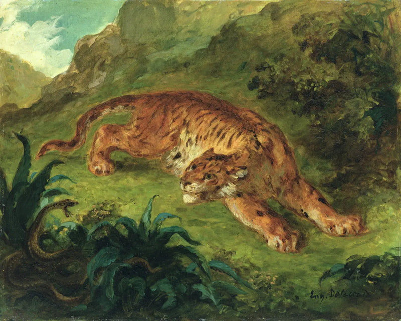 Pelokas tiikeri käärmeen vuoksi - Eugène Delacroix