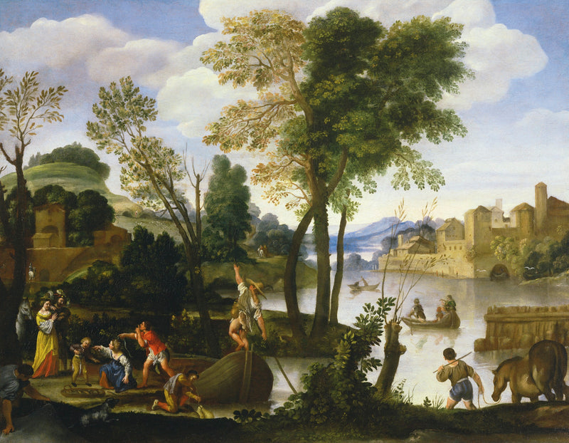 Vesistömaisema laivojen ja kalastajien kanssa, tyylikäs pariskunta kävelee joen rannalla - Domenichino