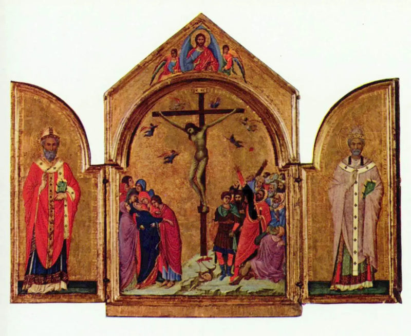Triptyykki: Ristiinnaulitseminen; Vapahtaja enkeleiden kanssa; Pyhä Nikolaus; Pyhä Gregorius - Duccio di Buoninsegna