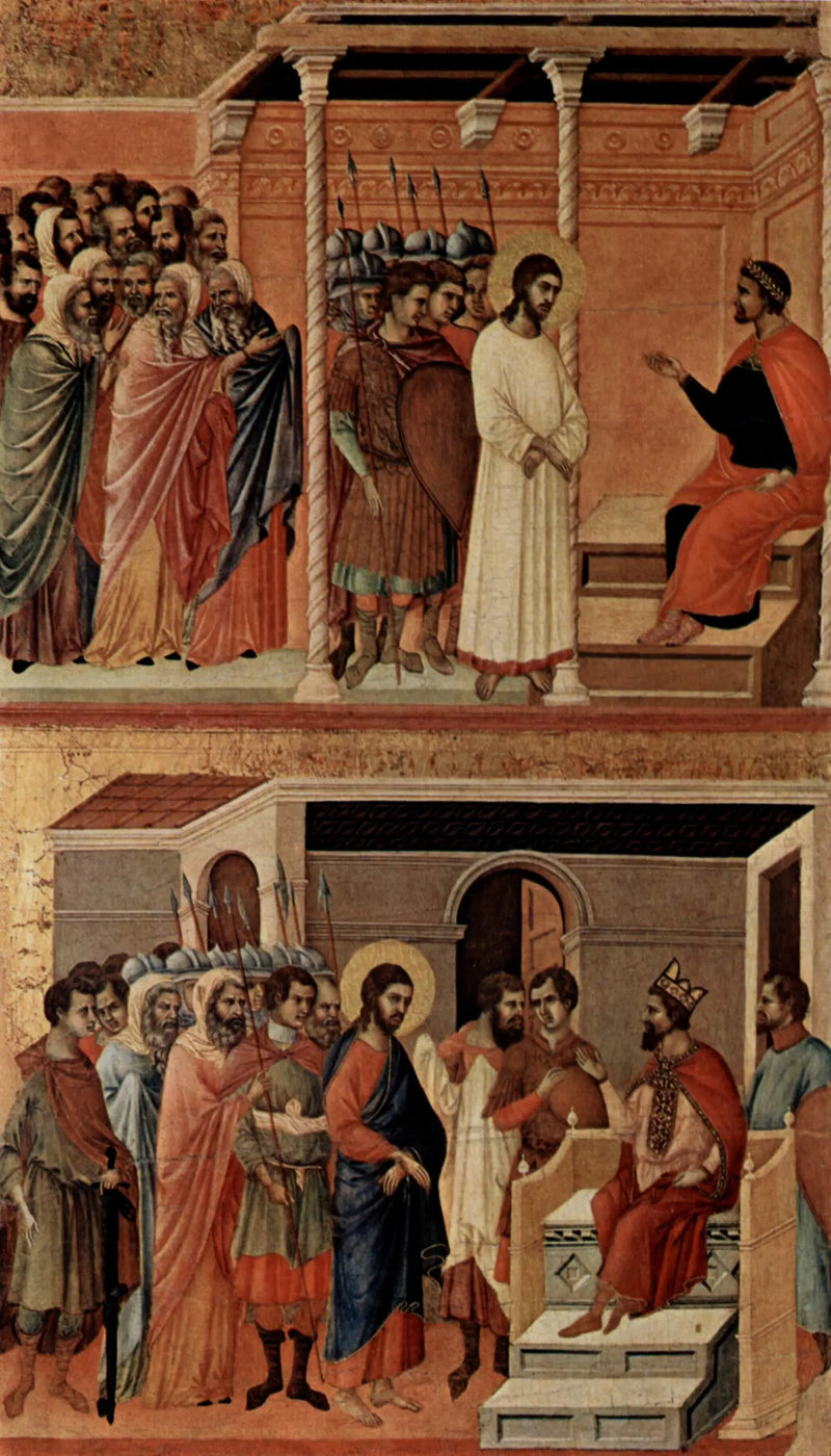 Kristus Pilatuksen edessä uudelleen (ylhäällä); Kristus Herodeksen edessä (alhaalla) - Duccio di Buoninsegna