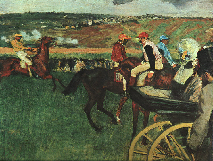 Reproduction du tableau « Le champ de courses. Jockeys amateurs près d'une voiture - Edgar Degas » par Alpha Reproduction en peinture à l’huile