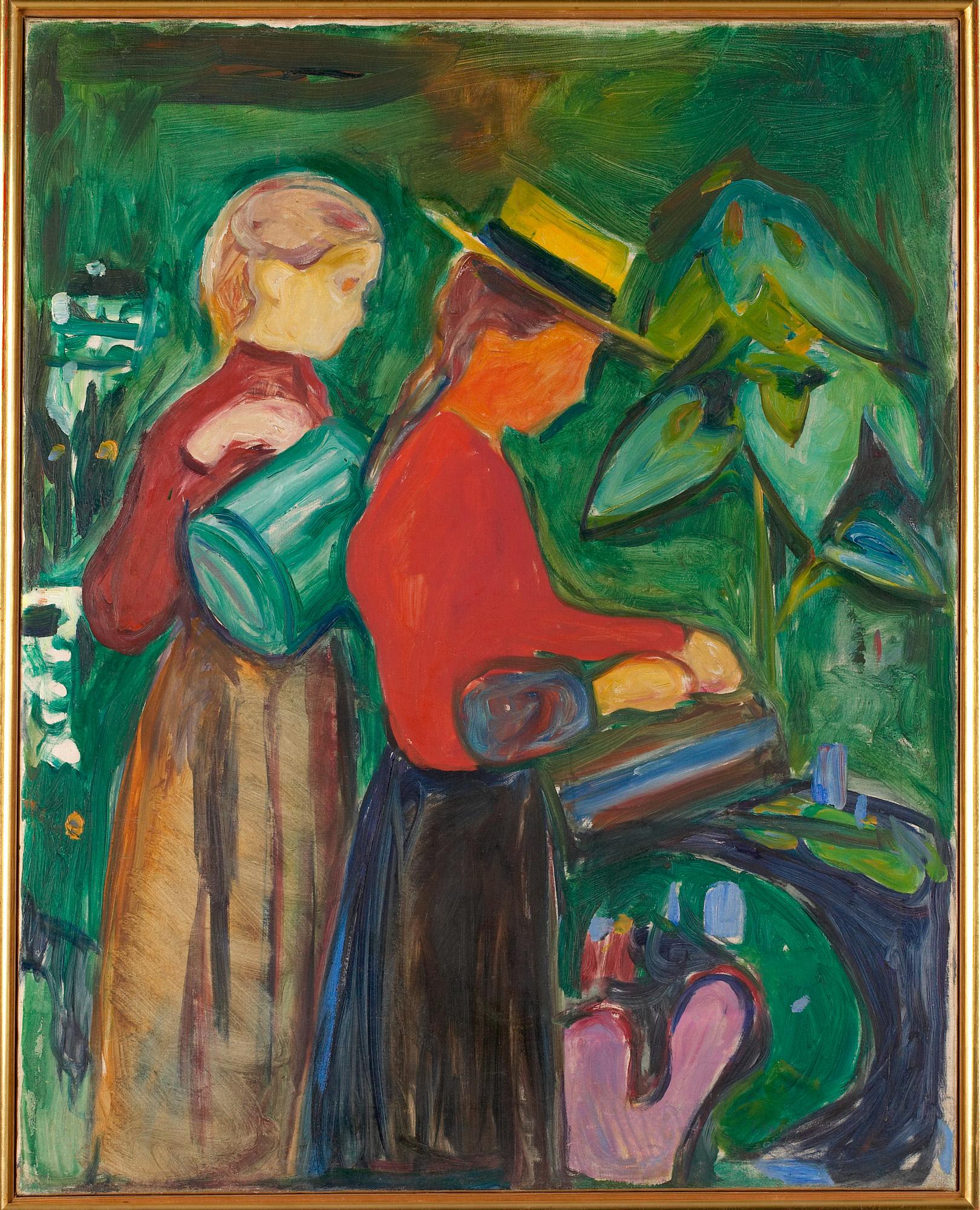 Reproduction du tableau « Filles arrosant les fleurs (Frise Linde) - Edvard Munch » par Alpha Reproduction en peinture à l’huile