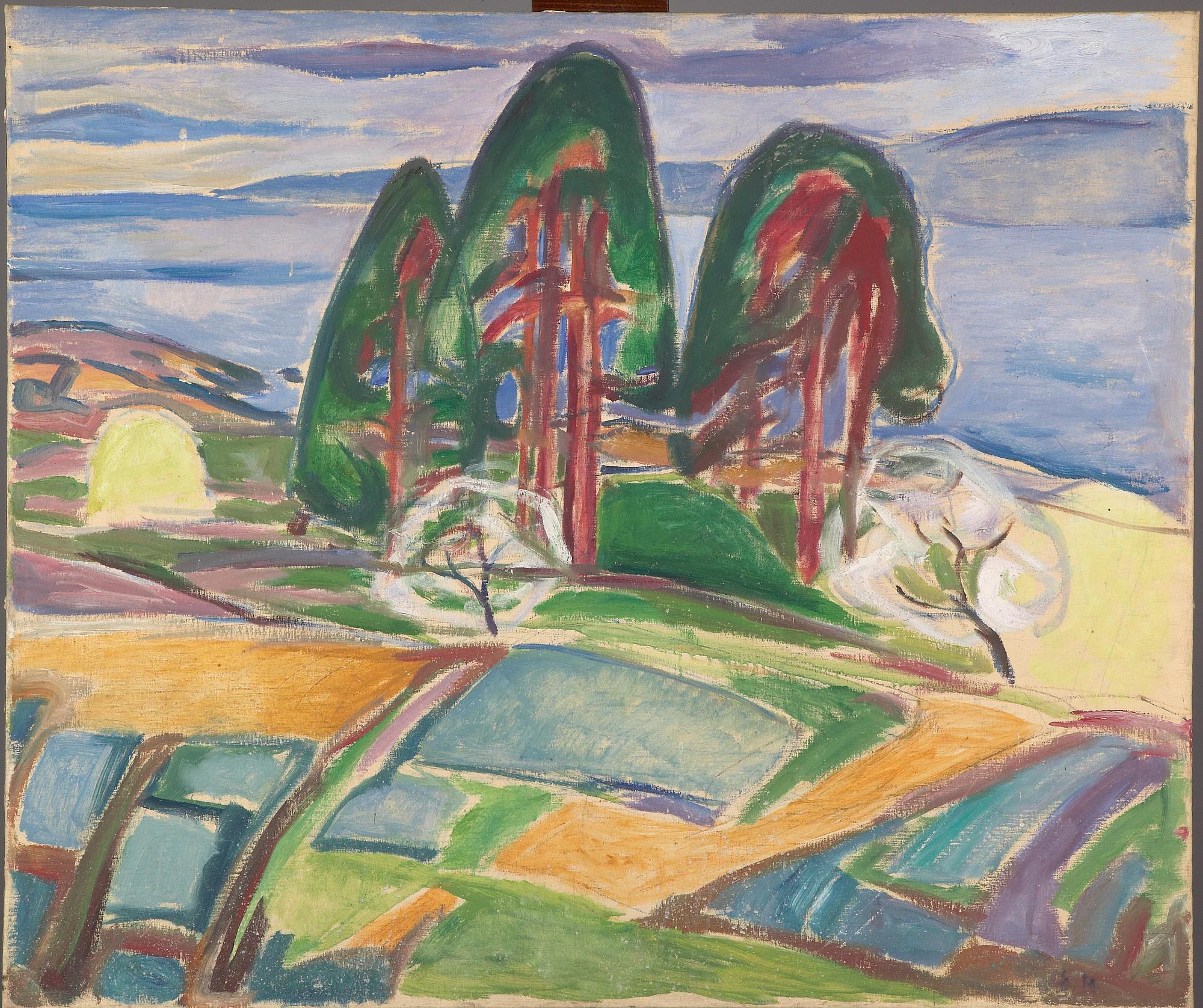 Reproduction du tableau « Pins et Arbres fruitiers en fleur - Edvard Munch » par Alpha Reproduction en peinture à l’huile