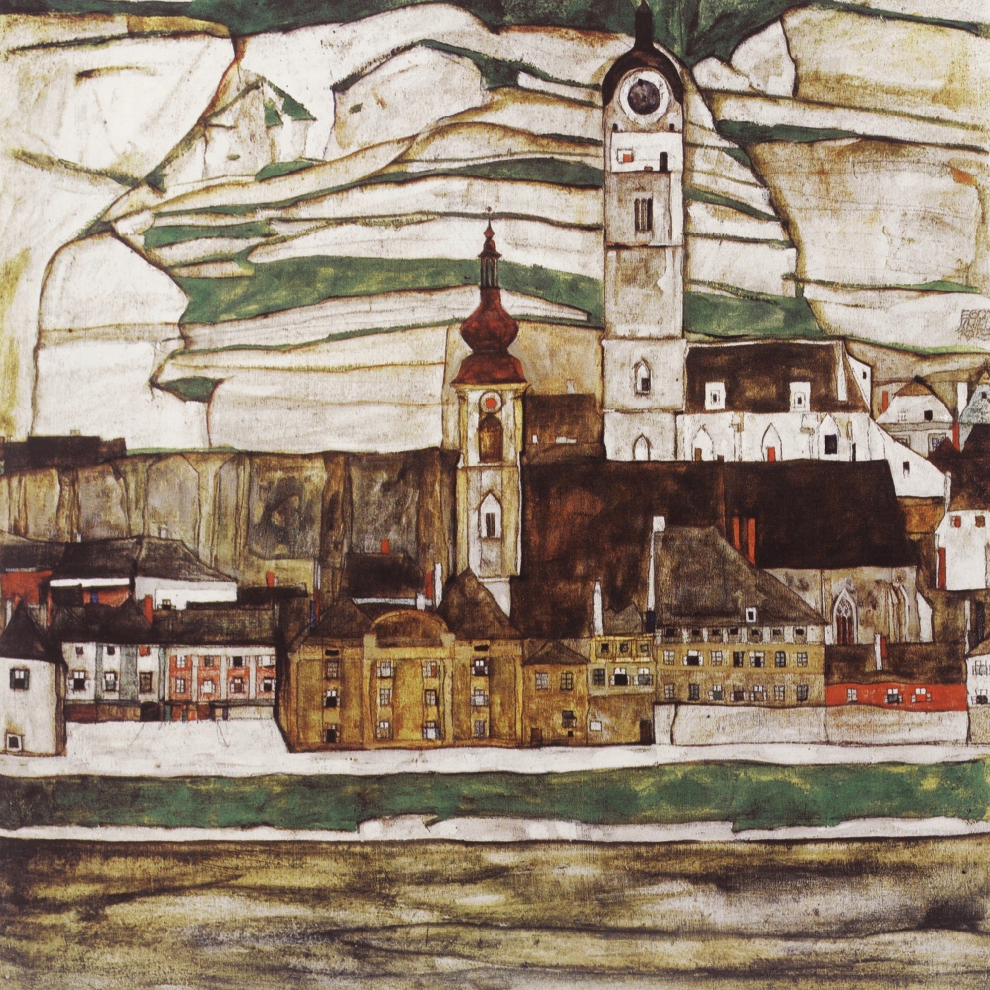 Reproduction du tableau « Stein sur le Danube, vu du sud - Egon Schiele » par Alpha Reproduction en peinture à l’huile