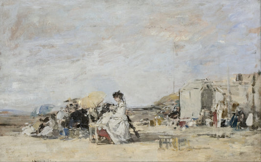 👒 Nainen valkoisessa Trouvillen rannalla – Eugène Boudin (noin 1865–1870)