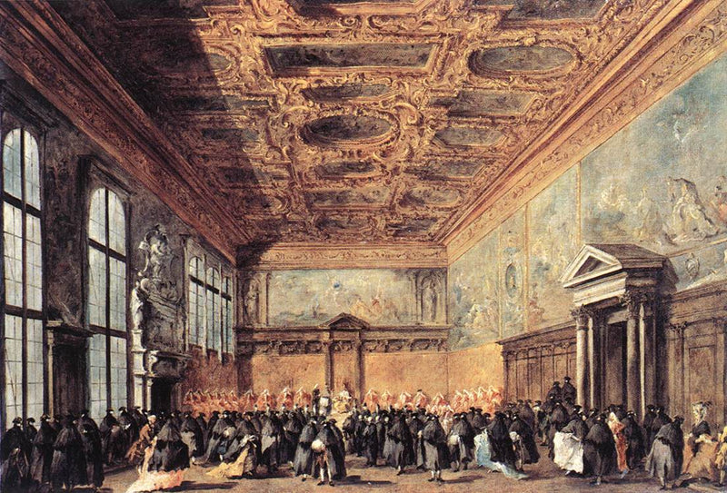 Venetsian dogeen myöntämä yleisö Collegium-salissa ducal-palatsissa - Francesco Guardi
