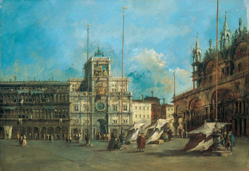 Venetsian Saint-Marcin aukio kellotornin kanssa - Francesco Guardi