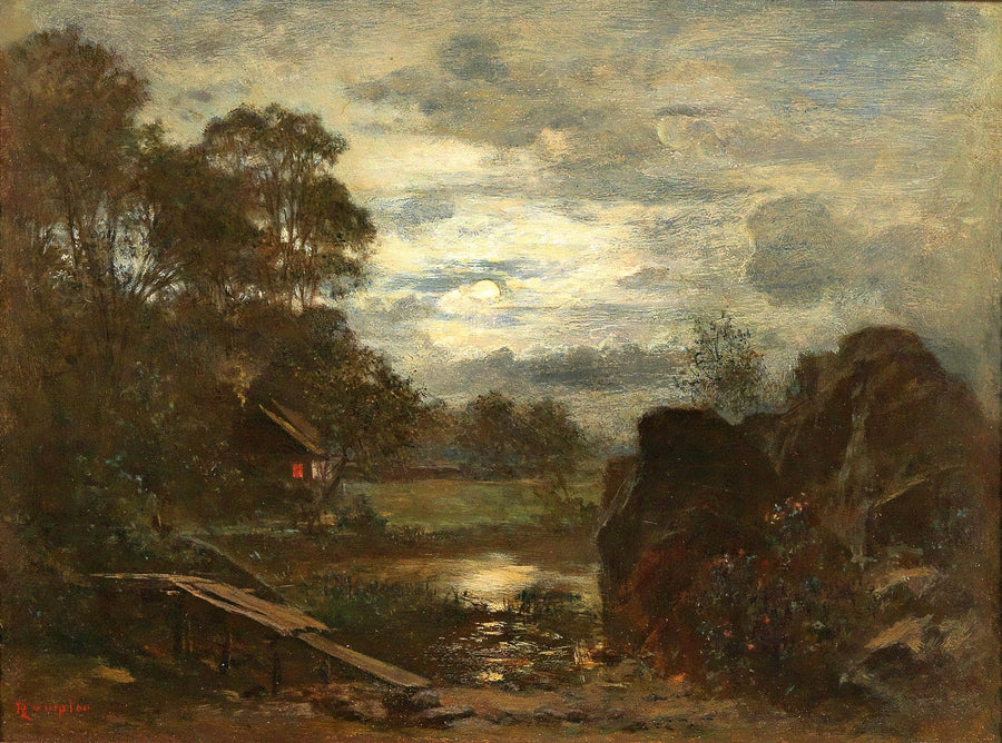 Étang avec jetée et cabane au clair de lune – Franz Rumpler