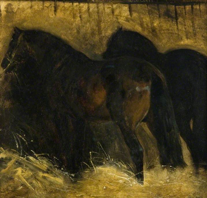Reproduction du tableau « Deux chevaux bruns dans une stalle - Théodore Géricault » par Alpha Reproduction en peinture à l’huile