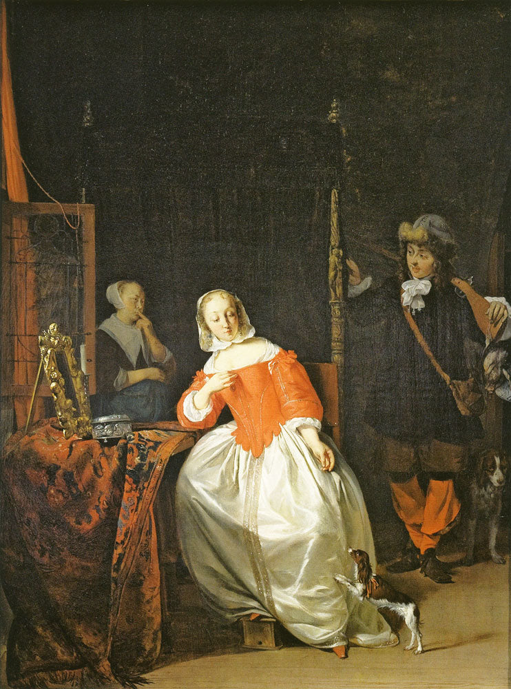 Un chasseur rendant visite à une femme à ses toilettes - Gabriel Metsu