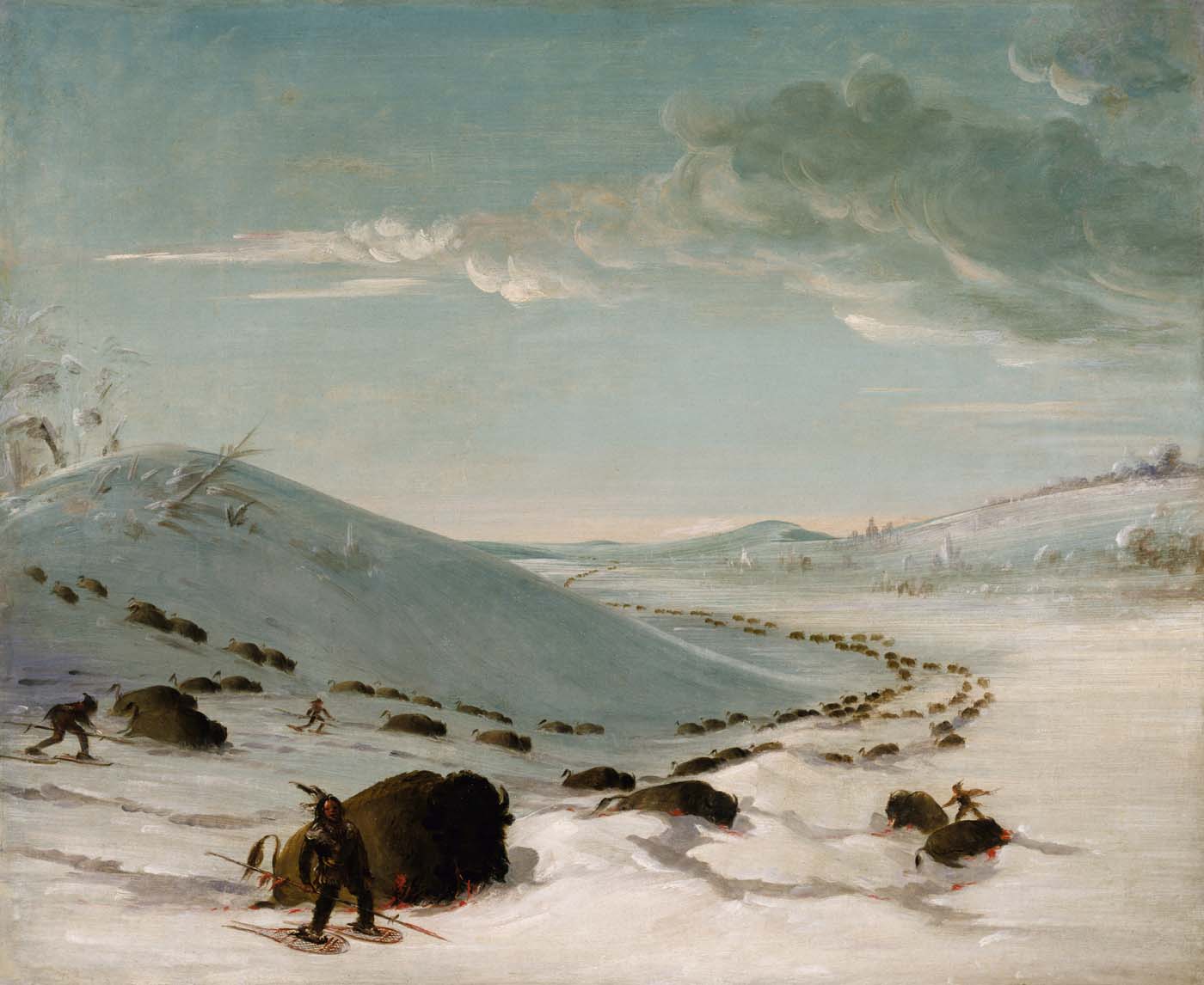 Chasse au bison en hiver, Indiens en raquettes - George Catlin