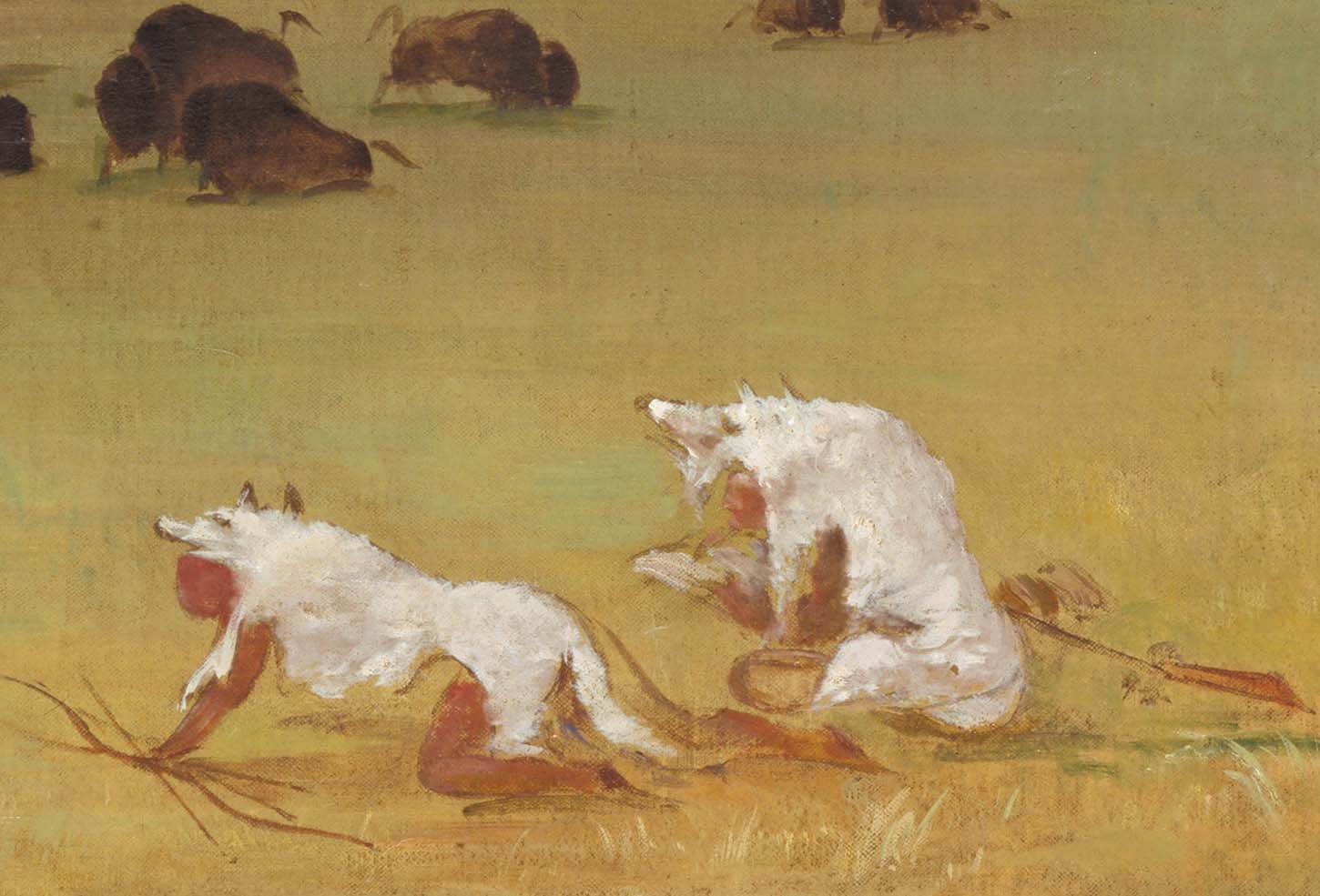 Catlin et son guide indien s'approchant du bison sous des peaux de loup blanc - George Catlin