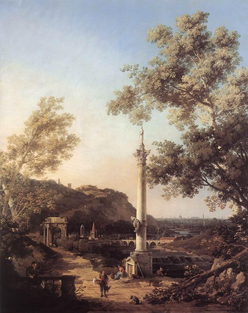 Capriccio : paysage de rivière avec une colonne - Canaletto