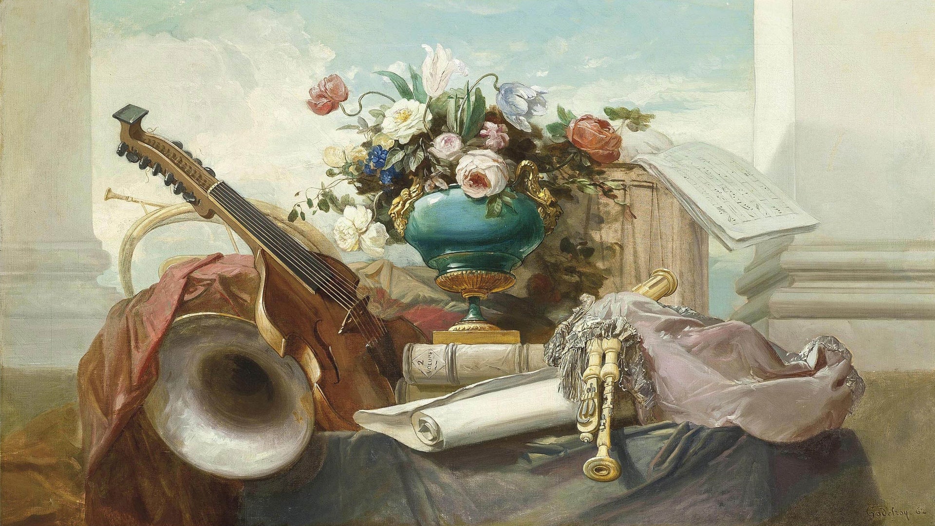 Instruments de musique et vase de roses sur un entablement de Denis-Joseph Godefroy