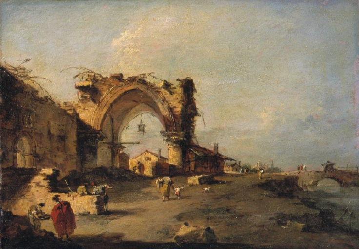Näkymä kylästä, jossa on silta ja raunioitunut goottilainen portti - Francesco Guardi