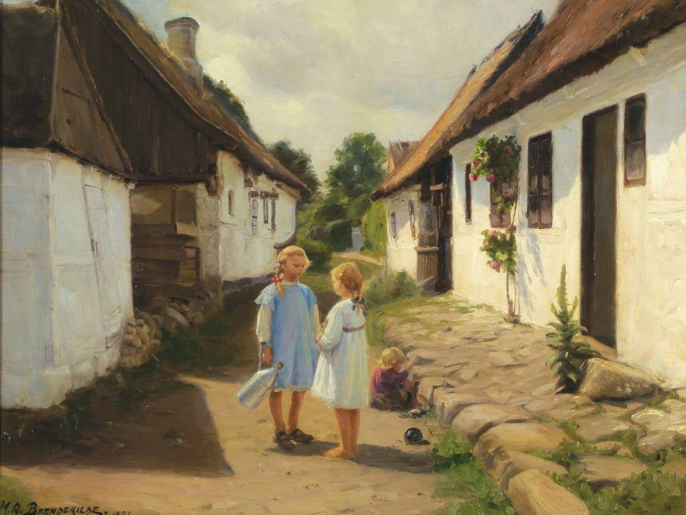 Deux enfants dans la rue d'un village - H. A. Brendekilde