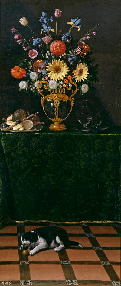 Nature morte avec un Vase de fleurs et un chiot - Juan van der Hamen