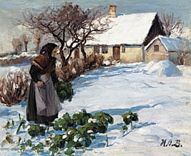 La femme d'un fermier récoltant du chou dans le jardin en hiver. - H. A. Brendekilde