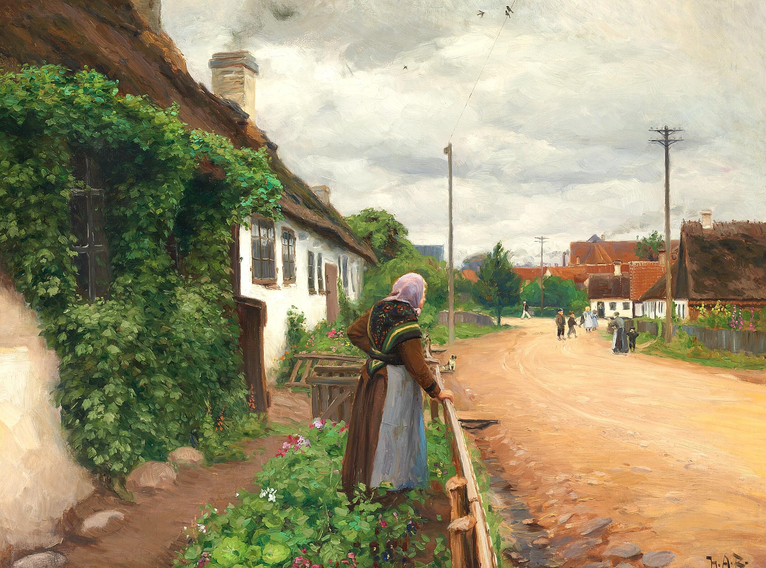 Une vieille femme regarde les enfants du village pendant qu'ils jouent. - H. A. Brendekilde