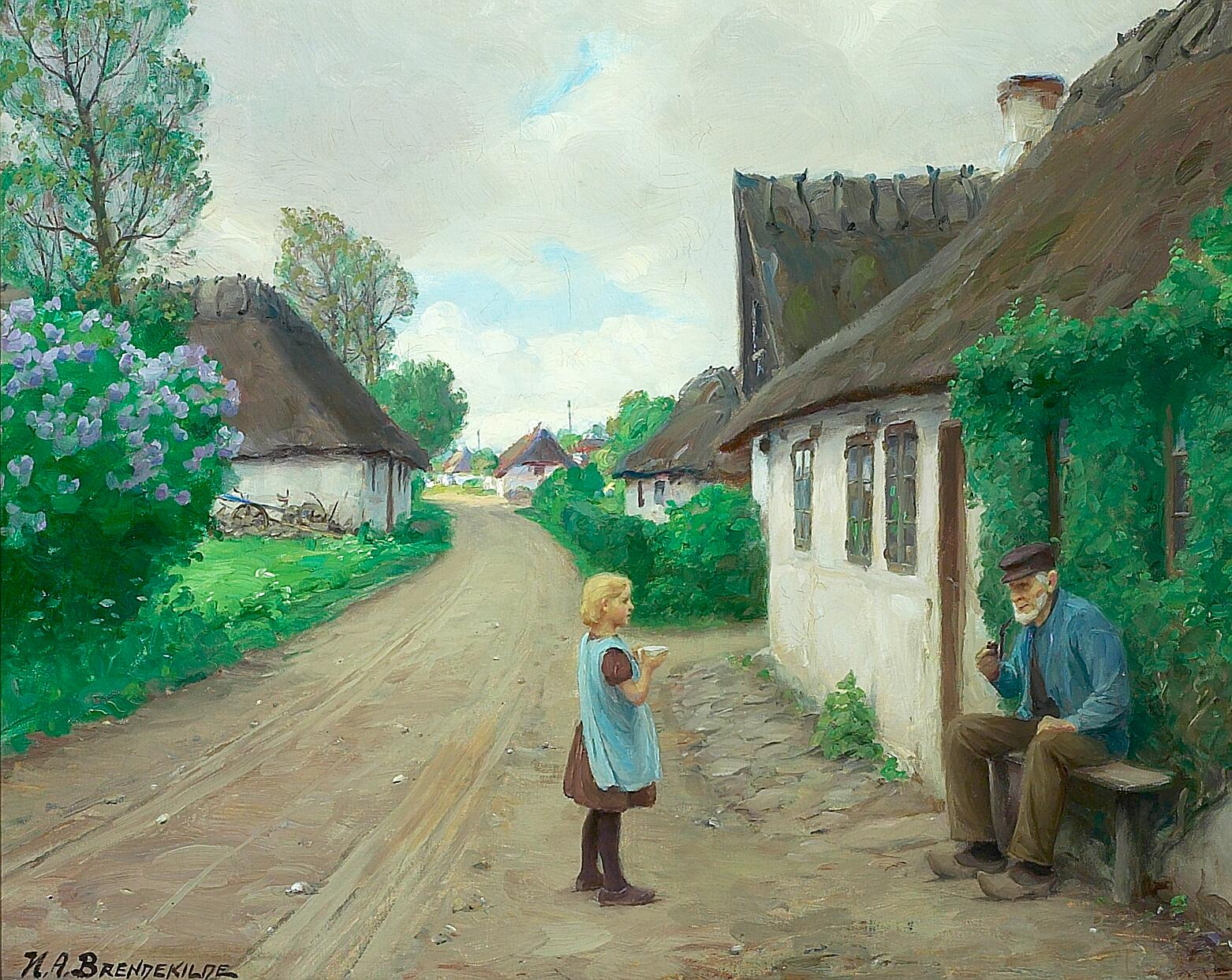 Une route de village avec une jeune fille parlant au vieux Jens Wilhelm de Jyllinge, âgé de 93 ans. - H. A. Brendekilde