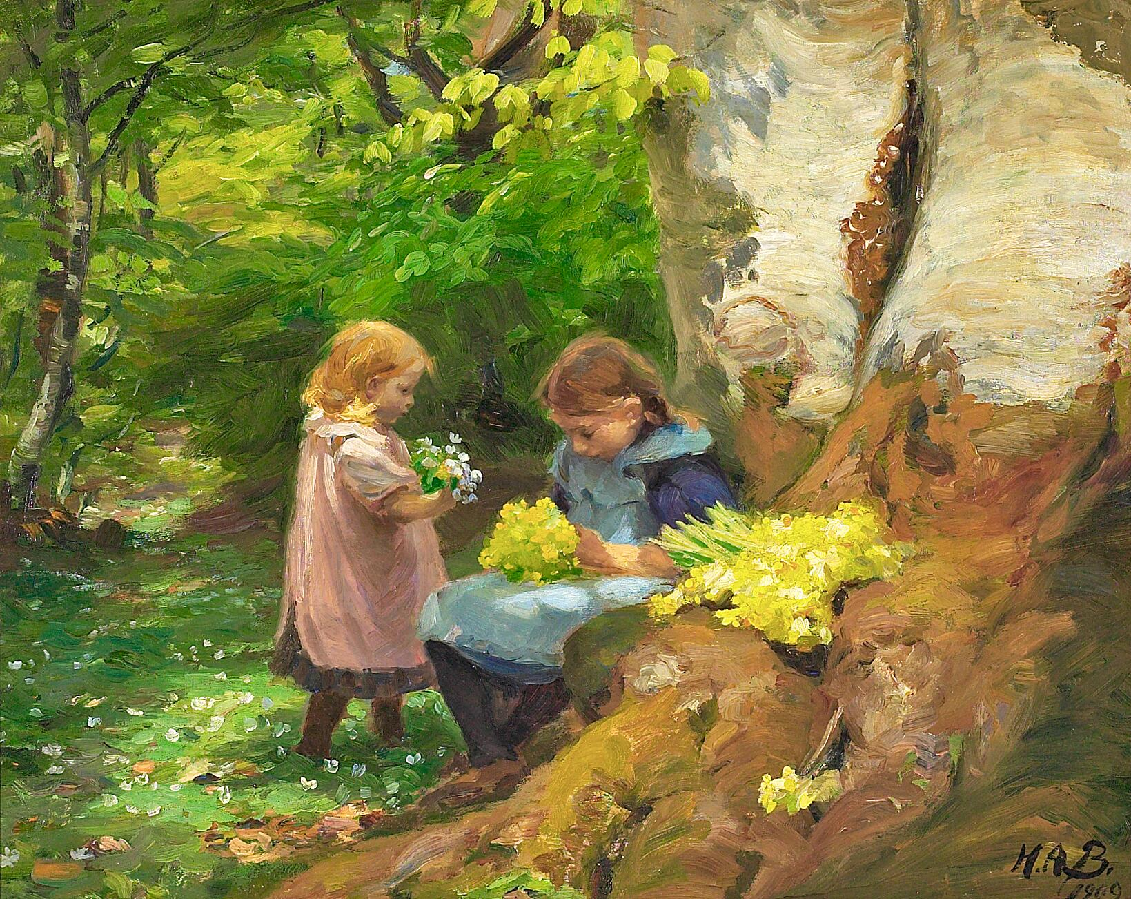 Des filles cueillent des anémones et des primevères dans les bois de Hunnerup près d'Odense. - H. A. Brendekilde